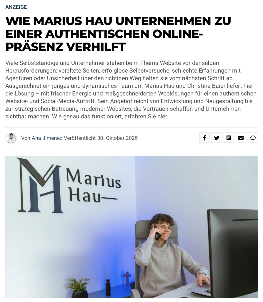 Presseartikel: Wie Marius Hau Unternehmen zu einer authentischen Online-Präsenz verhilft, Unternehmer Journal