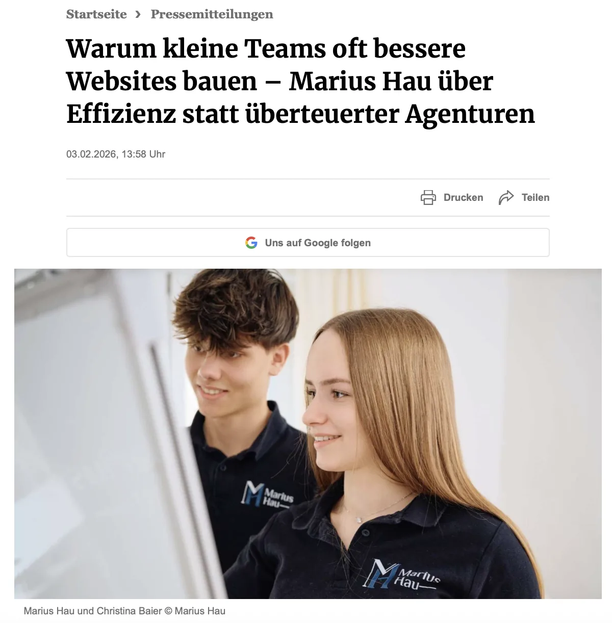 Presseartikel: Warum kleine Teams oft bessere Websites bauen. Marius Hau über Effizienz statt überteuerter Agenturen, Münchner Merkur